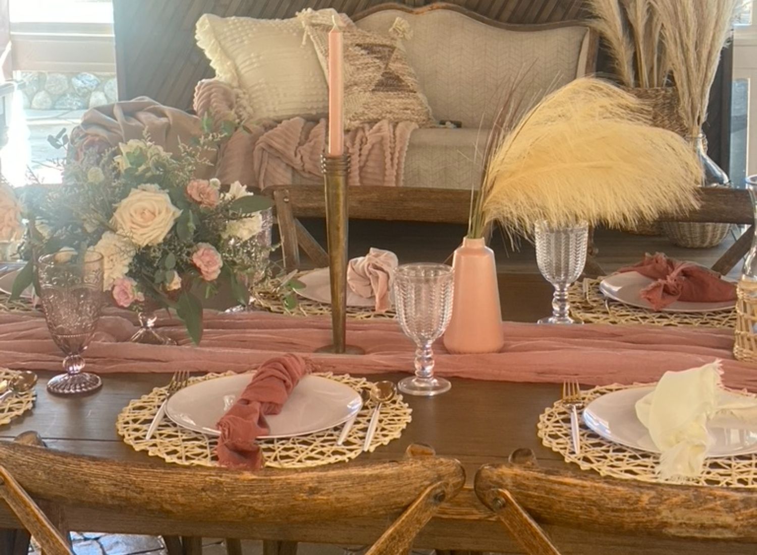 blush themed rehearsal dinner with pampas grass